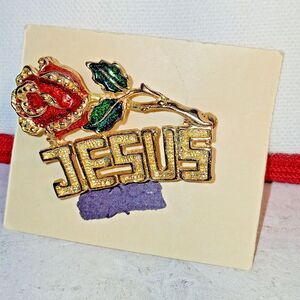 Vintage Jesus Religious Brooch Pin Gold Tone, Rose Flower Enamel 2ins